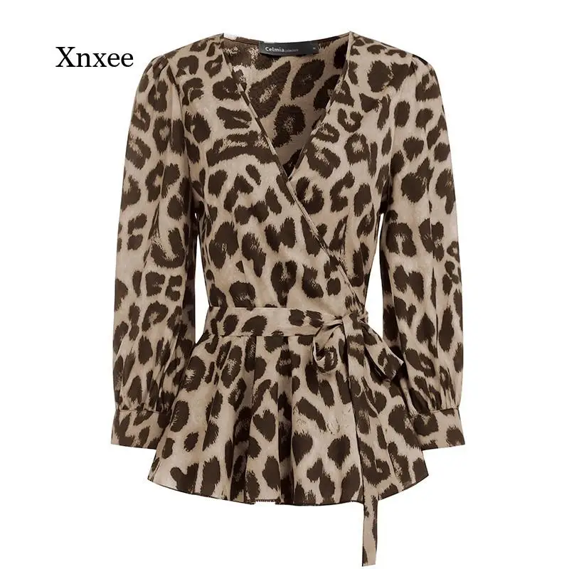 5Xl Women Leopard Print Blouses Belted Elegant Cross V Neck Ruffles Tops Fashion Office Tunic Shirt Sexy Casual Tee