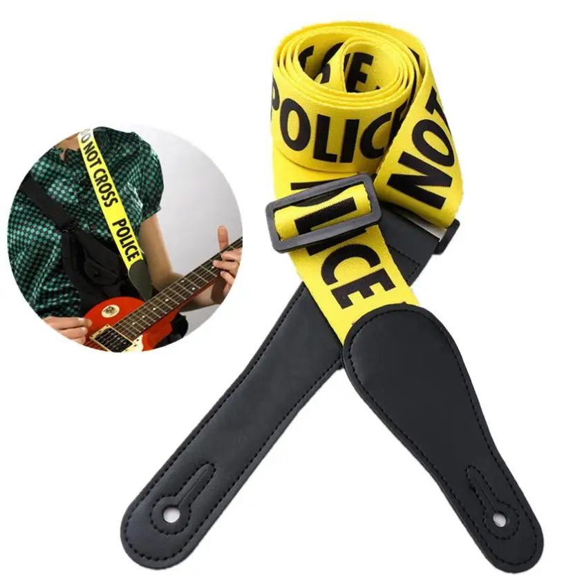 

Yellow Adjustable Guitar Strap Police-Line Words Pattern with Genuine Leather Head for Acoustic Electric Bass Guitar