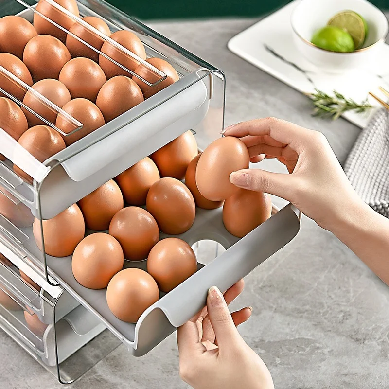 Kitchen drawer transparent double-layer 32-grid egg box refrigerator crisper portable picnic egg storage box  drawer organizer