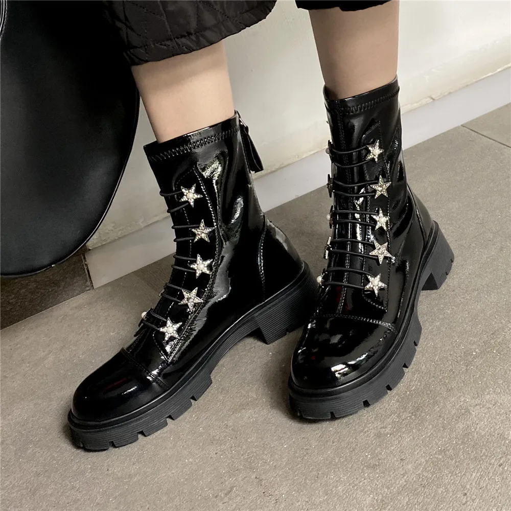 MILI-MIYA New Brand Motorcycle Ankle Boots Women Luxury Crystal Patent Leather Zipper Chunky High Heels Platform Party Wild Shoe