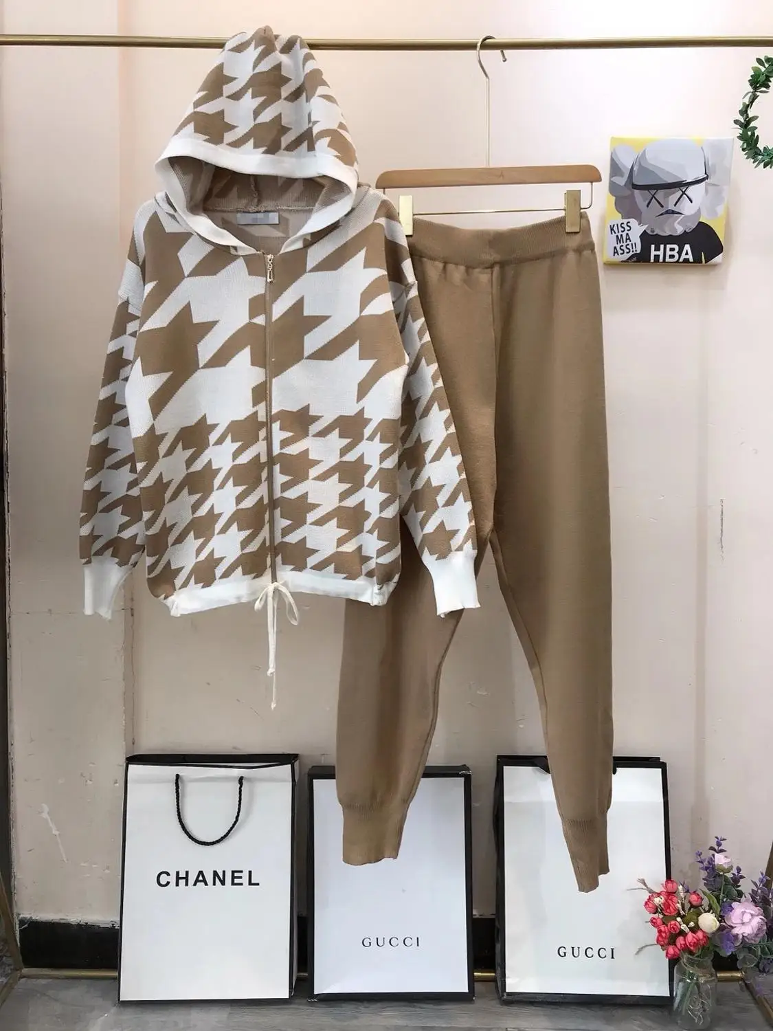 ALPHALMODA Nieuwe Stijl Plaids Capuchon Trui Jas + Broek Vrouwen Winter 2 stks Trendy Pak Rits Jumper Losse Top + broek Pak