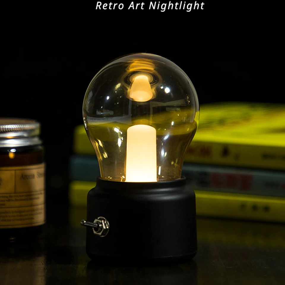 OuXean Night Light Table Lamp Off | Retro LOFT Night Light Black Iron Art LED Light Edison Bulb USB Charging Lamps Kids Bedroom