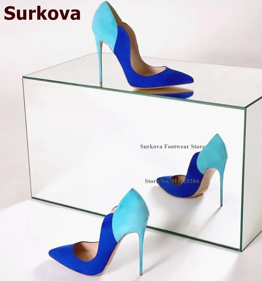 

Surkova Green Royal Blue Suede Color Patchwork Wedding Shoes 12cm High Heel Banquet Pumps Gorgeous Bride Shallow Heels Size46