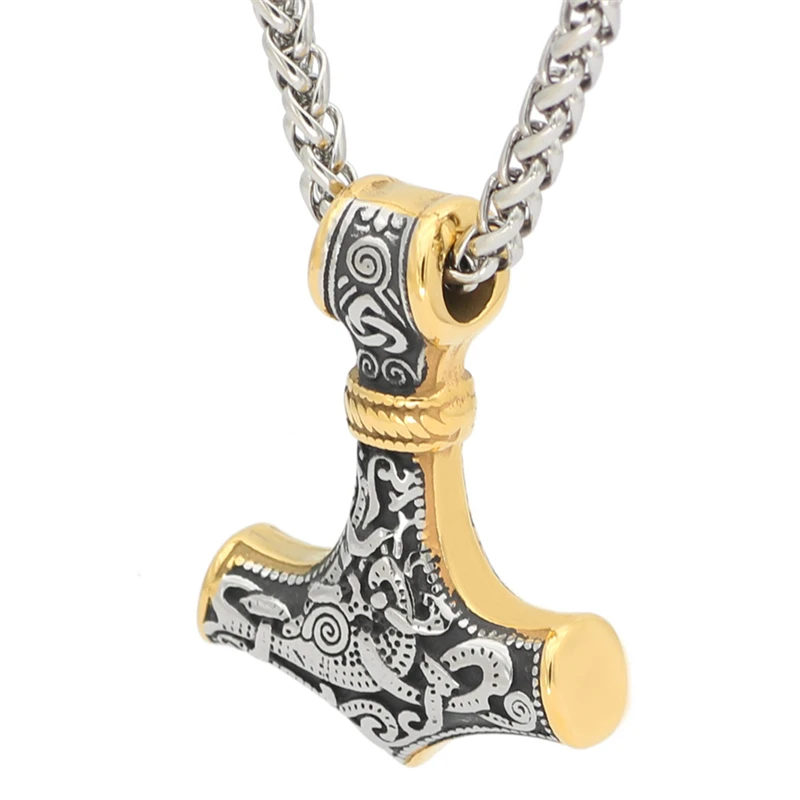 Punk Edelstahl Nordische Wikinger Amulett Anhänger Kette Odins Goldfarbener Thors Hammer Halsketten Herren Ethno-Schmuck Geschenke – Detail 11