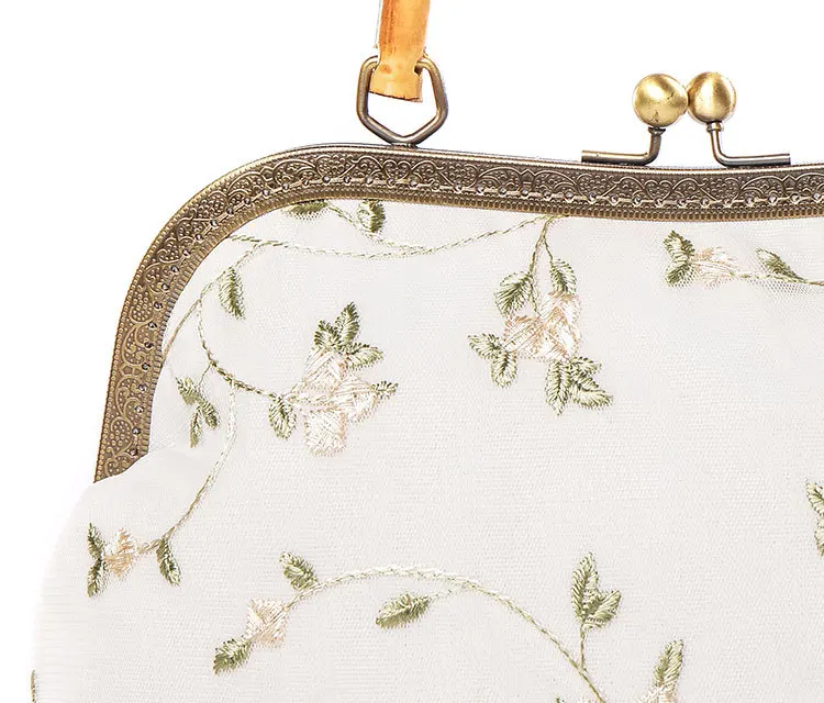 Female Handmade Lace Velvet Floral Embroidery Bamboo Handle Handbag Women Vintage Luxury Design Wedding Clasp Messenger Bag