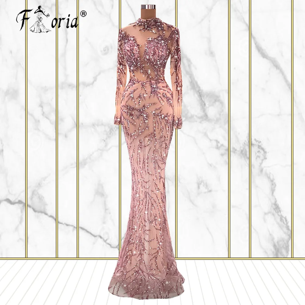 Blush Pink Mermaid Luxury Dubai suknie wieczorowe z długim rękawem zroszony arabski wieczorowa suknia na studniówkę kobiety sukienki na przyjęcie Robe de mariée