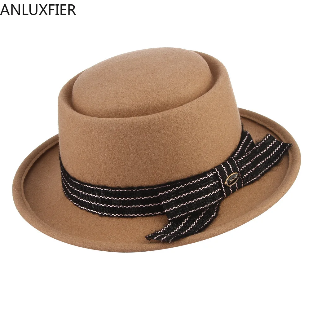 

H7210 Winter New Lady Wool Fedoras Hat Women European American Striped Bowknot Decoration Fedora Cap Female Dome Elegant Caps