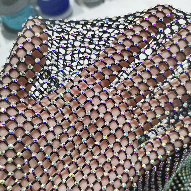 Chunky Glitter Bling Bling Sewing Rhinestone Fishnet Fabric Glass Crystal Trim Ribbon Elastic Diamond Mesh Strass Applique Dress