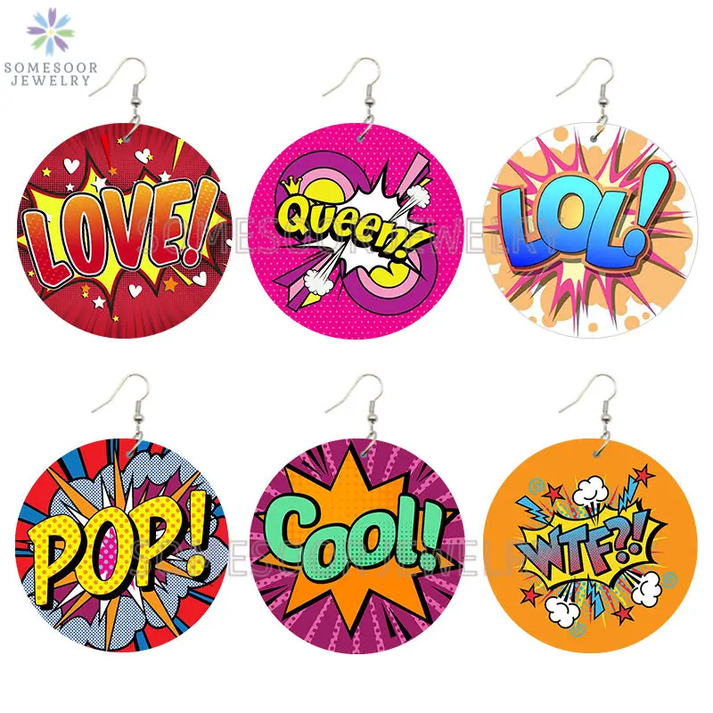 

SOMESOOR Double Sides Colorful Pop Art Wood Drop Earrings LOVE BOOM QUEEN Comics Vintage Stickers Design Jewelry For Women Gifts