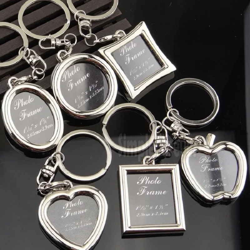 200pcs 6 Designs Couple Heart Round Square Shape Photo Frame Key Chain Photo Keychain Zinc Alloy Key Ring