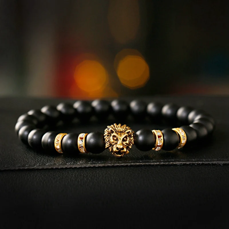 Classic Lion Bracelet Men Fashion Black Matte Stone Handmade Beaded Charm Bracelet Men Jewelry Pulsera Hombre