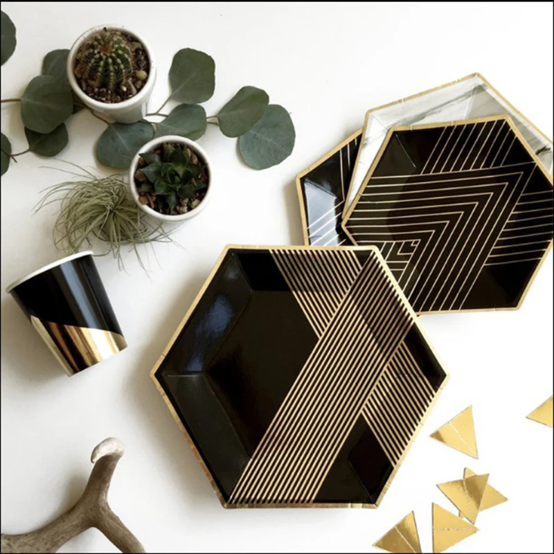 Vajilla desechable de bloqueo dorado, serie negra, platos de papel para fiesta, servilletas, vasos, pajitas, fiesta de cumpleaños, boda, decoración de Año Nuevo