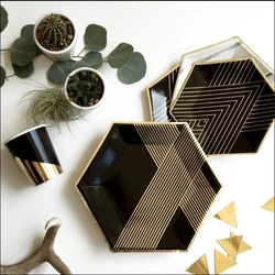 Black Series Gold Blocking Disposable Tableware Party Paper Plates Napkins Cups Straws Birthday Party Wedding New Year Decor