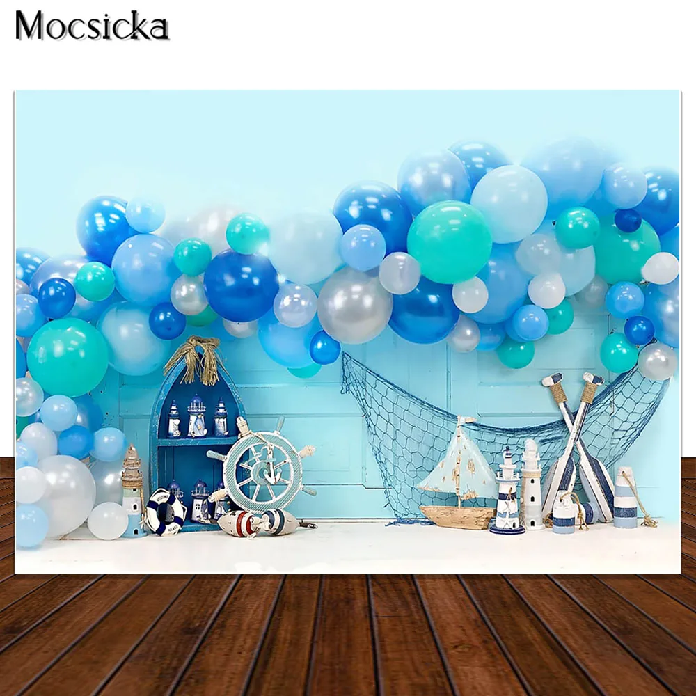 Фон для студийной фотосъемки новорожденных с изображением голубых воздушных шаров медвежонка звезд