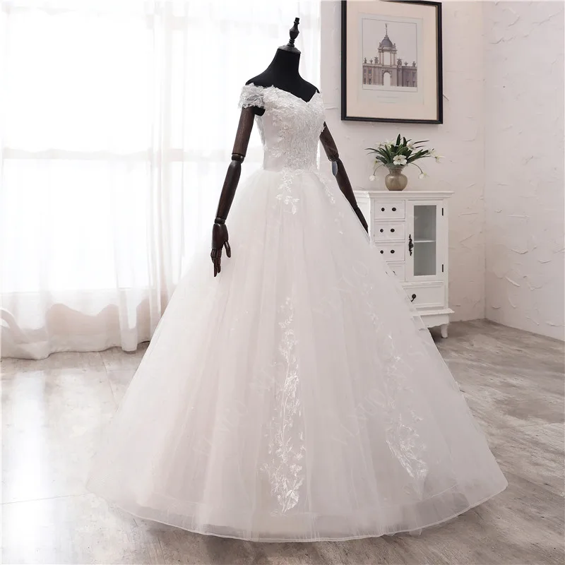 Vendita calda stile coreano scollo a barca Vestidos De Novia 2023 moda semplice abito da sposa con spalle scoperte Plus Size perle paillettes