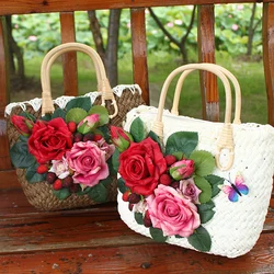 Bolsa tote de palha colorida com flores artificiais, bolsa e chapéu, estilo boêmio, férias casuais femininos, moda praia, bolsa de mão em rattan