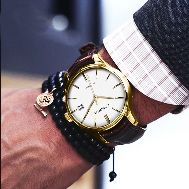 LOBINNI Nuovi orologi meccanici classici da uomo Orologio impermeabile da lavoro Orologio automatico automatico in vera pelle di marca di lusso