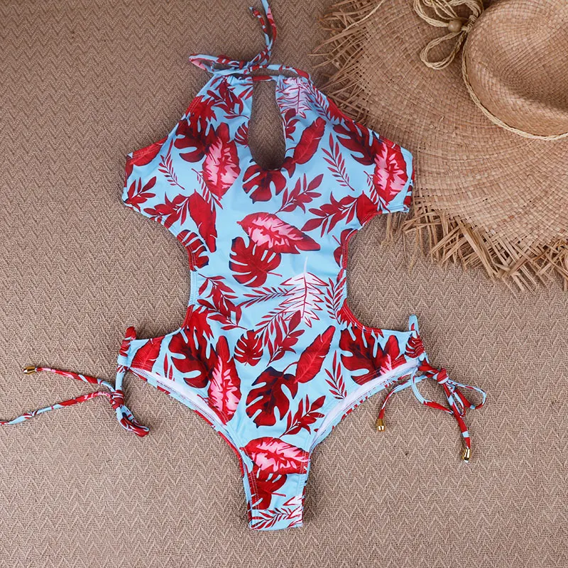 Blue Red Swimsuit Monokini One Piece ties halter stretch Swimsuit Open back Swimwear Women Summer Bathing Suit sexy Beachwear XL