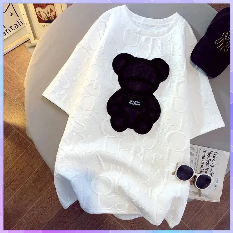 Bear Women's T-shirts Harajuku Girls Plus Size Tops Letter Jacquard O-neck Short Sleeves Loose Summer Tshirt White Tees M-5XL