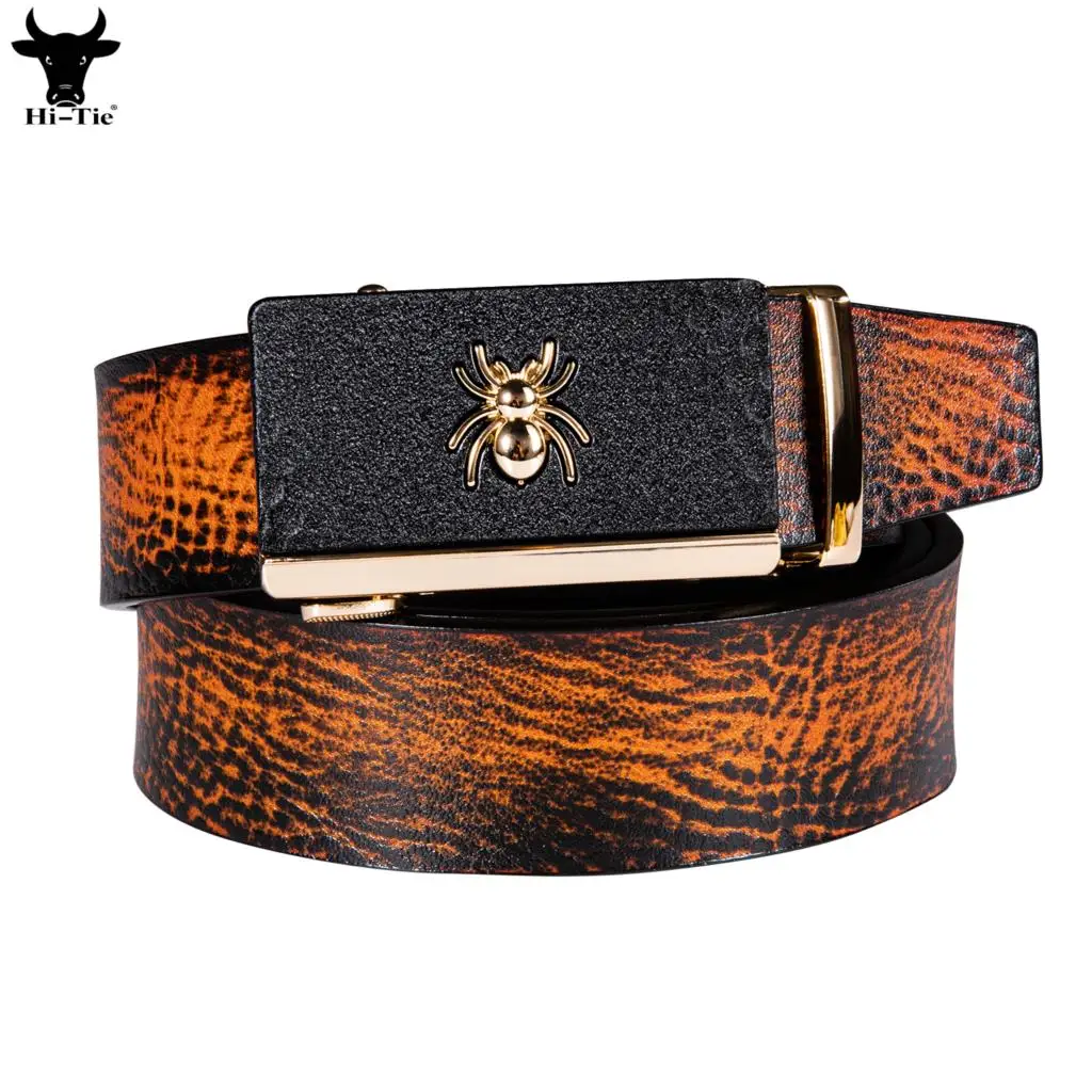 

Hi-Tie Gold Spider Automatic Buckles Mens Belts Tan Brown Genuine Leather Ratchet Waist Belt for Men Dress Jeans Wedding Party