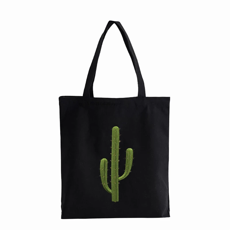 Bolso de compras reutilizable con estampado de Cactus para mujer, bolsa de lona con estampado de dibujos animados, ecológico, bolso de hombro plegable