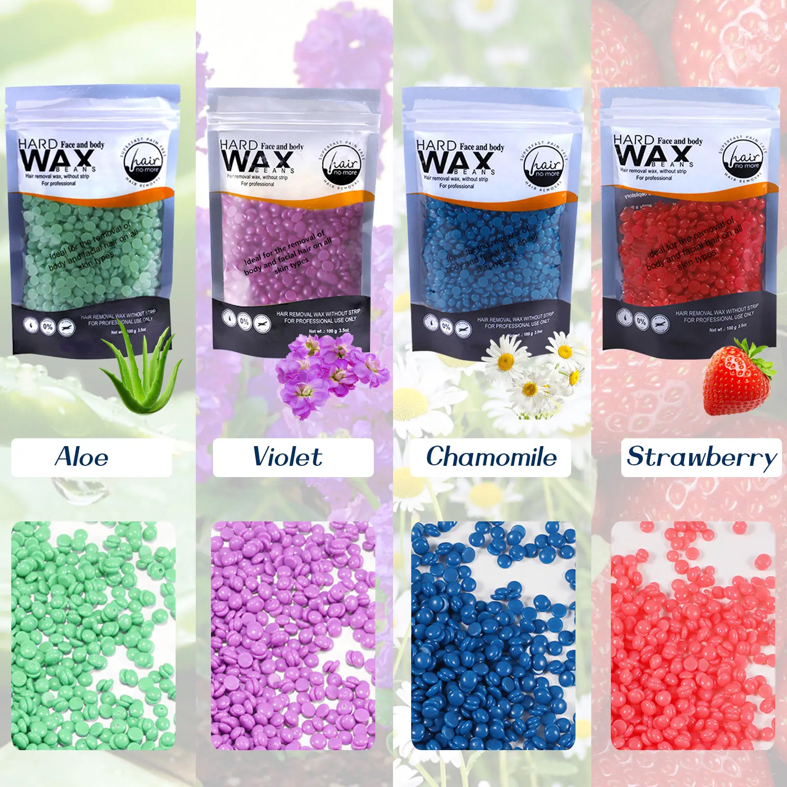 4 Packs Hard Wax Beans 100g Unisex Depilatory Hair Removal Wax Beads Grains Pellets for Arm Leg Face Chest Back Bikini Armpit