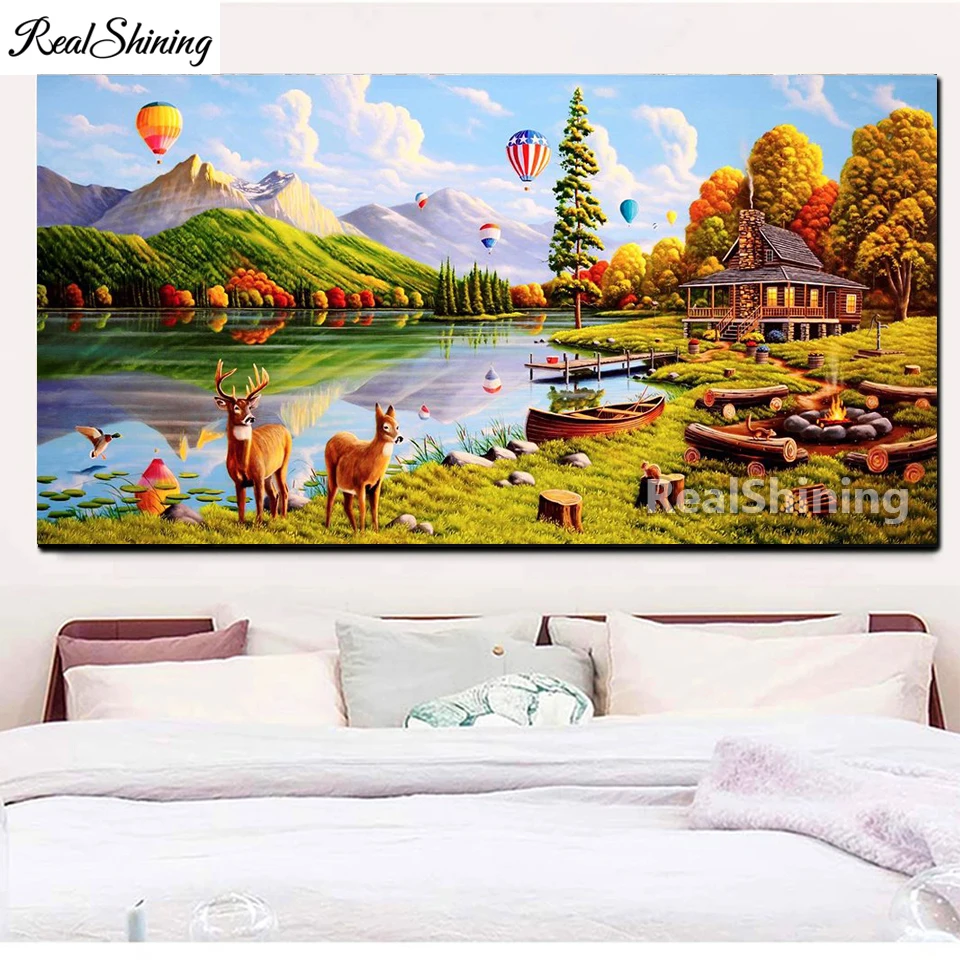 countryside river large 5d diy diamond painting deers ballon full rhinestone embroidery mosaic picture home decoration 1028