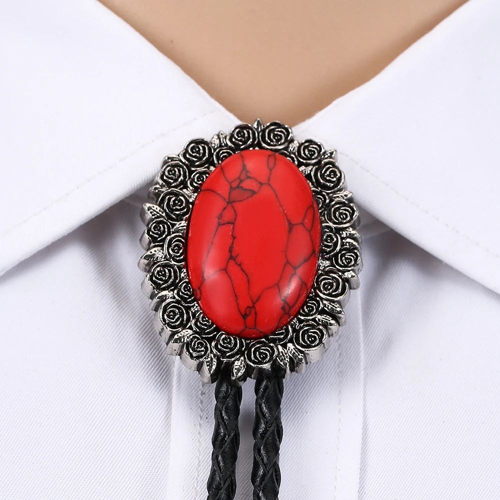 Western cowboy rose flower natural turquoise bolo tie personality leather collar rope unisex western accessories banquet gift