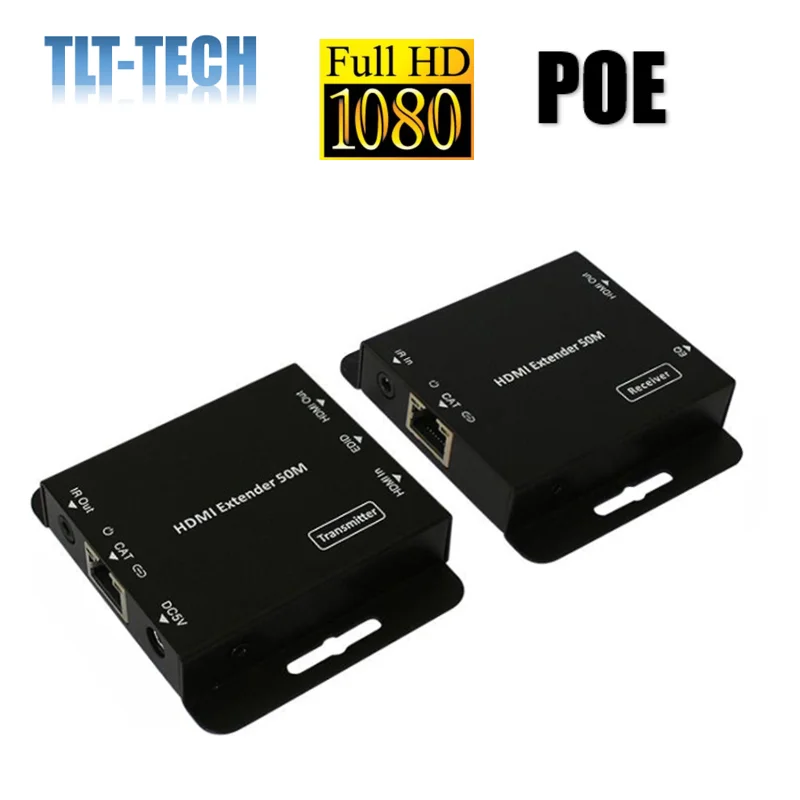 2-port HDMI موسع IR POE cat5/6 كابل (HDMI إيثرنت موسع + HDMI حلقة خارج) 1080P مع محول الطاقة تصل إلى 50 متر