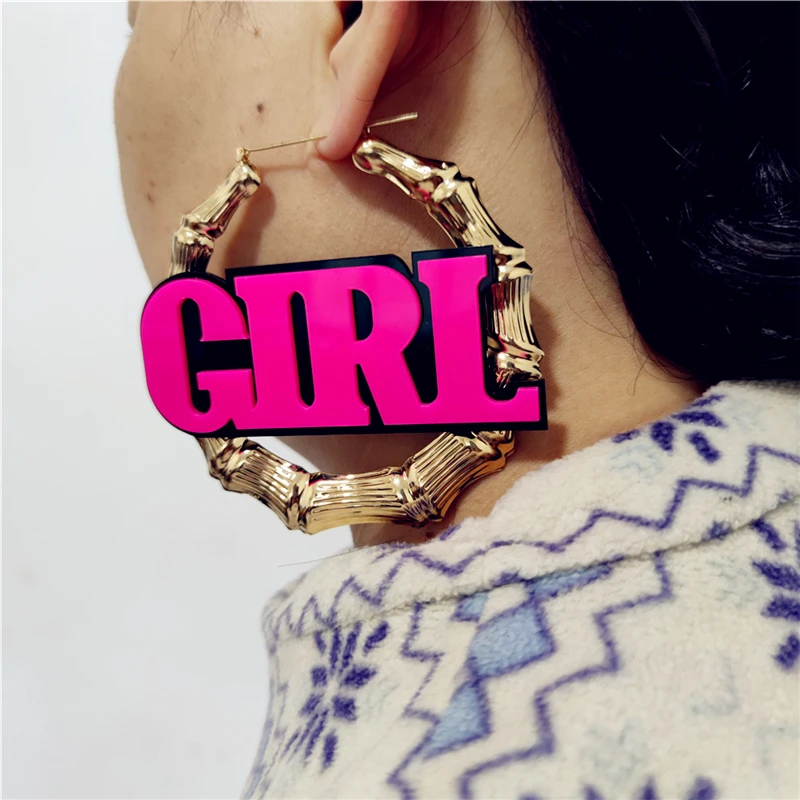 KUGUYS 9CM GIRL Gold Color Big Hoop Earrings for Women Birthday Gift Fashion Jewelry Hyperbole Hot Pink Letters Acrylic