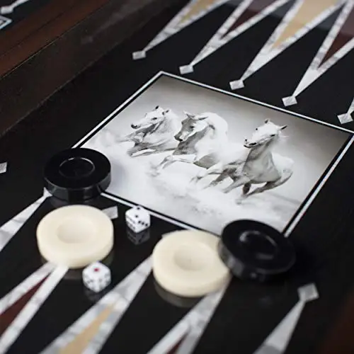 LaModaHome Star 27 ''Turkish Backgammon Set, White Horses Figure, Elite Vinyl Wooden Classical Design, board Game Backgammon, Magneti