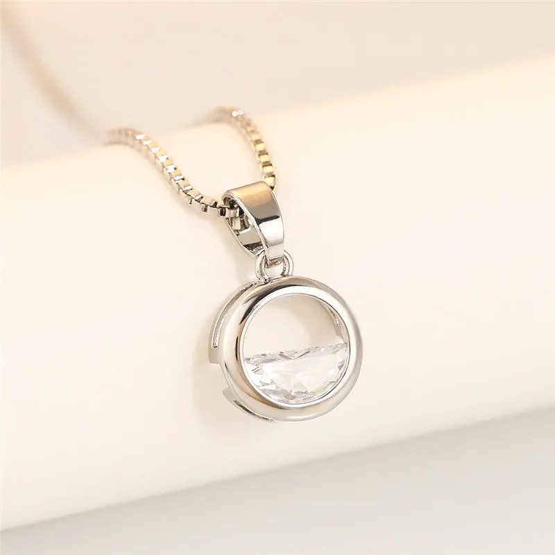 Huitan Silver Color Pendant Necklace Women Minimalist Circle Pendant with Half Crystal Cubic Zirconia Chic Wedding Trend Jewelry