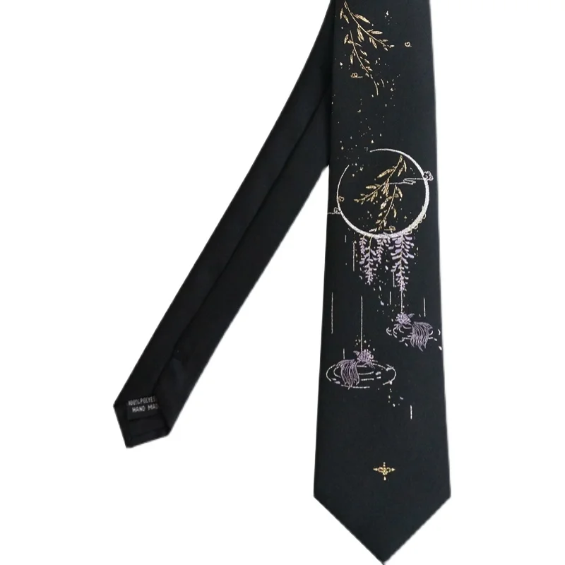 Free Shipping New Men\'s Male Black Necktie Original Design [Goldfish Wisteria] Bronzing Silver Black Tie Moon Student Party Tie