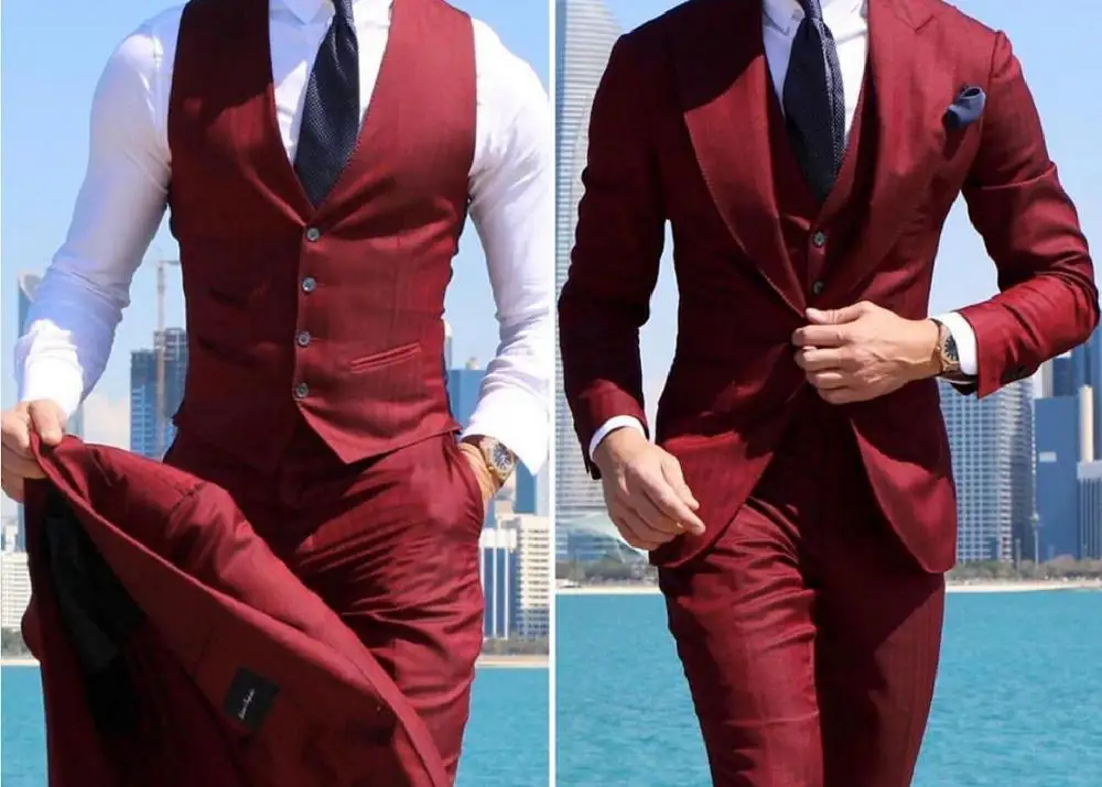 Esmoquin de boda con clase para hombre, de 3 piezas traje de novio, traje Formal de negocios barato (chaqueta + chaleco + Pantalones)