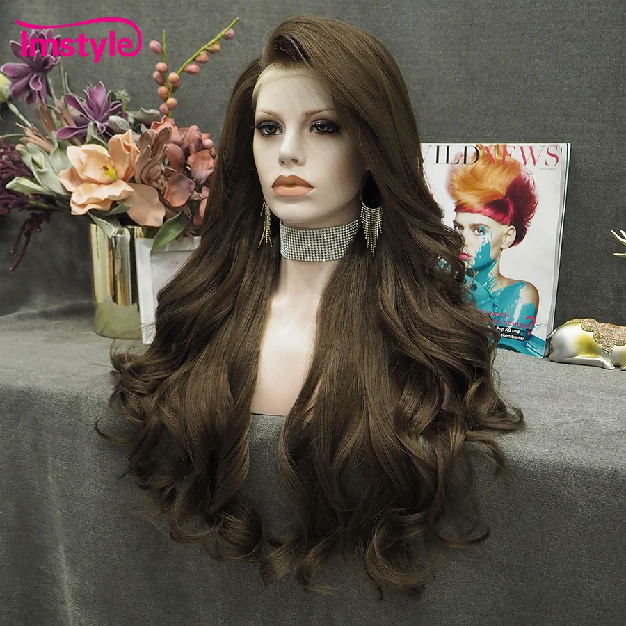 Imstyle Brown Wig Synthetic Lace Front Wig Heat Resistant Fiber Natural Wavy Lace Wigs Long Hair Daily Wigs For Women