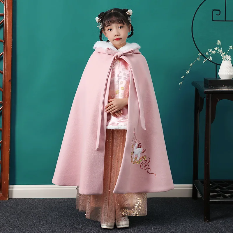 Girl's Winter Cape Fur Collar Thickened Hanfu Coat Princess Style Cape Thickened Warm Party Dress New Chinese Embroidery Cloak