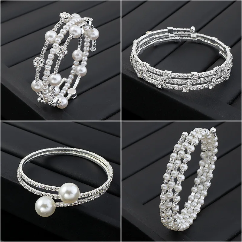 Luxury Crystal Rhinestone Stretch Bracelets For Women Pearl Elastic Wristband Girlsfriend Bangles Wedding Bridal Jewelry Gifts