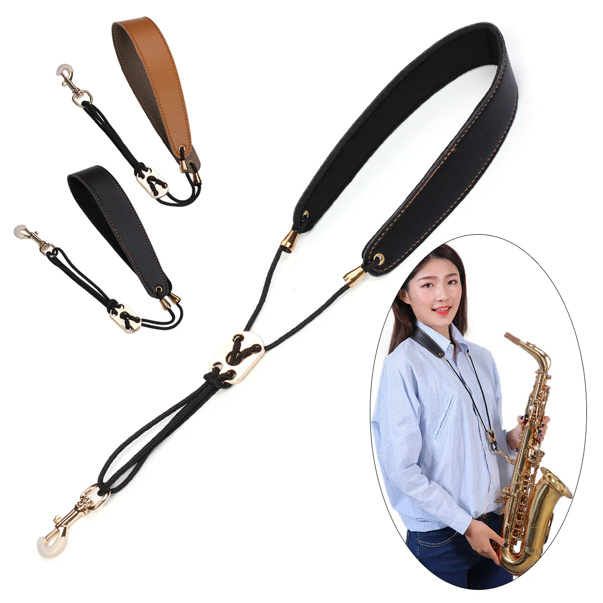 

Leather Saxophone Neck Strap with Metal Swivel Hook for Alto / Tenor / Soprano Sax