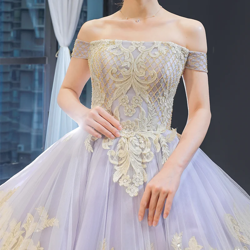 J66908 janceber Quinceanera платье 2021 Тюлевое платье с открытыми плечами и вырезом лодочкой Золотое кружевное фиолетовое Дешевое бальное платье