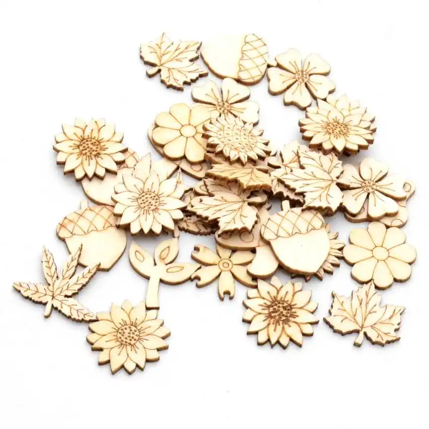 Best Quality 25Pcs Flatback Wood Craft Decoration Promotions Scrapbooking Embellishments Mixed Flower Styles Pendants 25-28mm