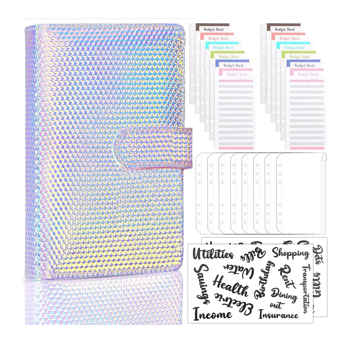 A6 Binder Cover Budget  Money Saving Cash Envelopes System with A6 Zipper Pockets,Expense Budget Sheets, Letter Sticker Labels