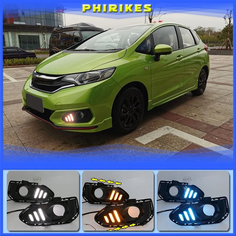 

Car LED Daytime Running Lights for Honda Jazz fit 2018 DRL Fog lamp driving lights with Yellow turning signal lights