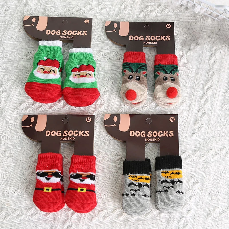 

Dog Cat Socks 4 PCS Non-Slip Christmas Shoes Festival Themed Woven Paw Protector Knitting Pet Supplies for Floor Indoor WWO66