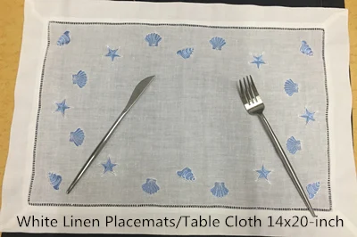 

Set of 12 Fashion Table Cloth White Linen Table Runner/Placemats Blue embroidery Neptune/Conch/shell for elegant lunch or dinner