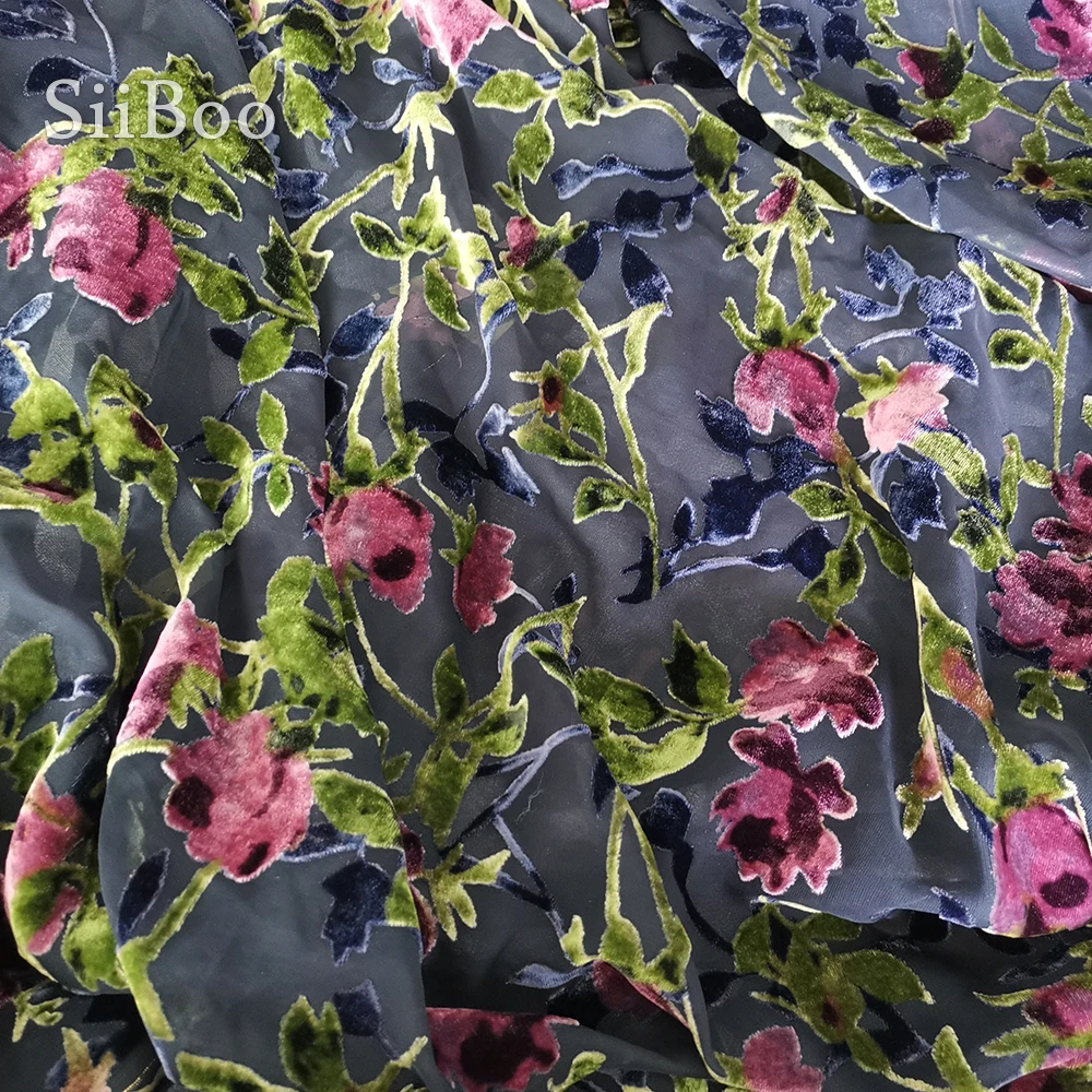 Elegant rose floral burnout rayon velvet silk fabric apparel for dress transparent natural silk tissu stoffens yarn cloth SP4891