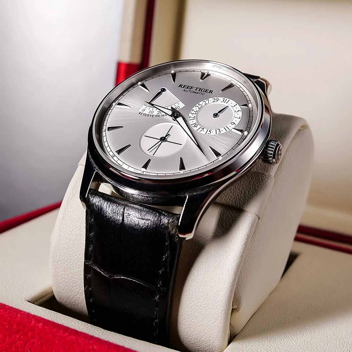 Reef Tiger/RT Elegant Men Power Reserve Watch Complete Calendar Small Seconds Steel Automatic Mechanical Watch Business Clock