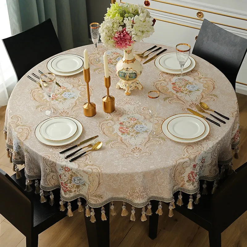 European Elegant Floral Tablecloth, Round Table with Tassels, Jacquard, Dining Coffee Table Cover for Parties, Home Decor, 180cm