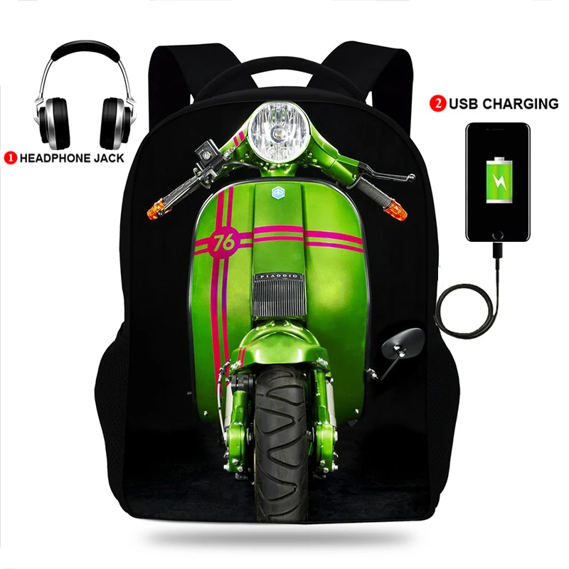 Motorcycle Print Laptop Backpack Multifunction USB Charger Headphone Jack Schoolbags for Teens Travel Backpack Daily Back Pack