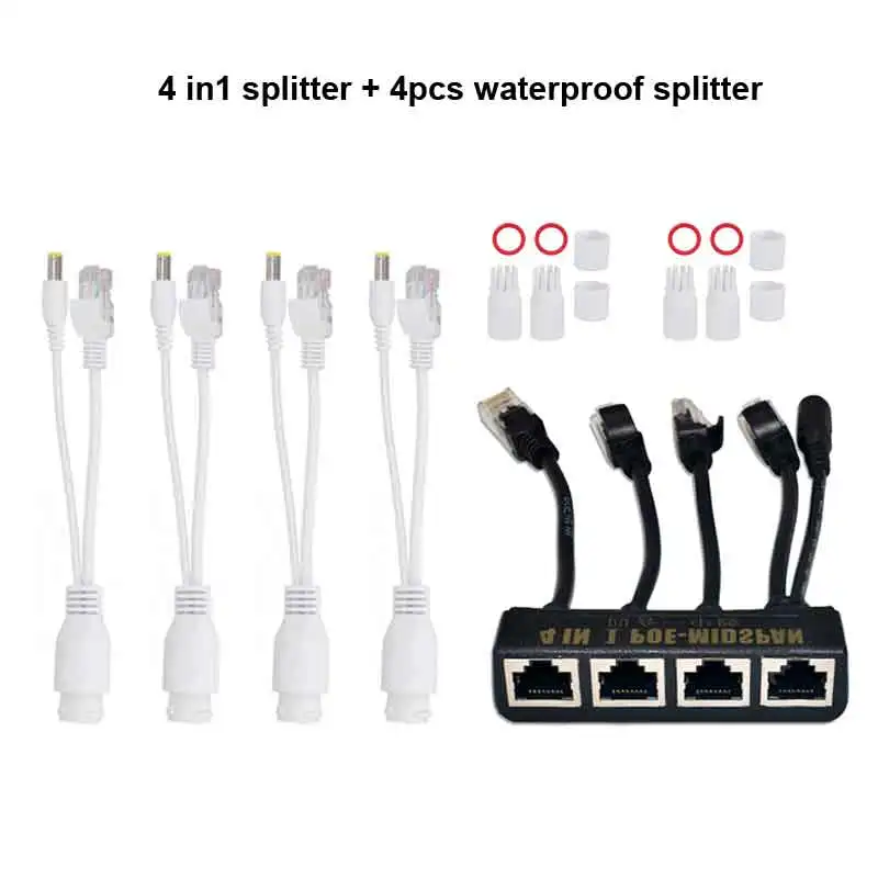 POE Injector Splitter Kabel Kit 4 In 1 POE Tengah Bentang Splitter + 4 Pcs Tahan Air Poe Splitter Power Over Ethernet 10/100Mbps