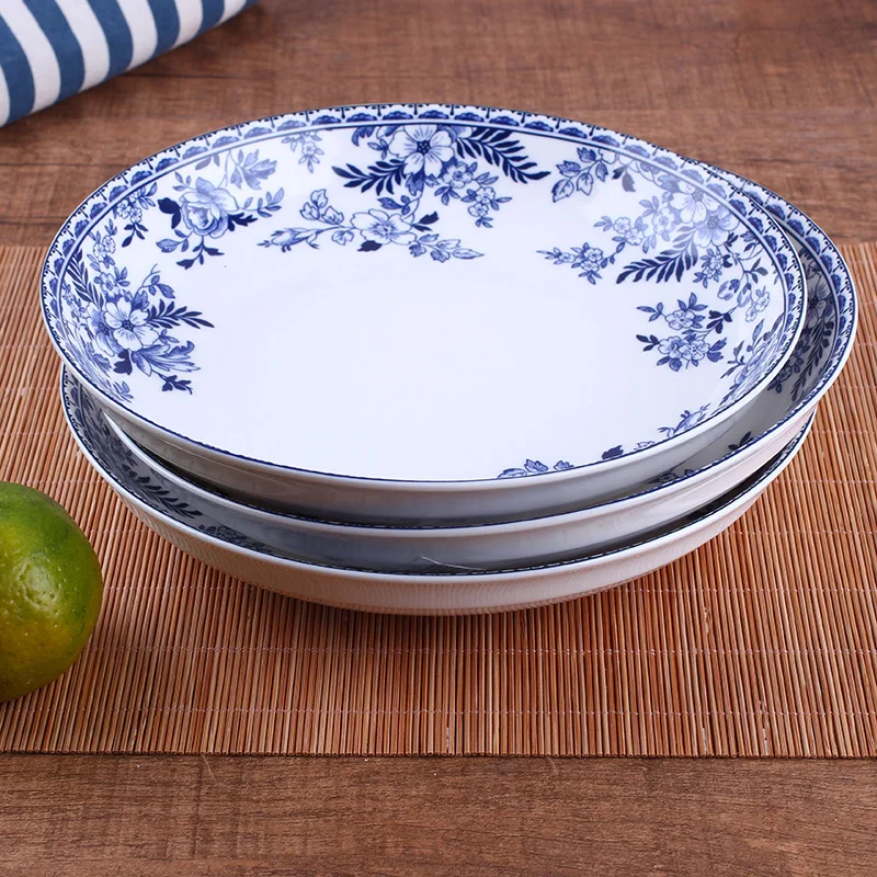 European blue and white porcelain plate bowl tableware household Chinese ceramic dish soup plate large size fish plate rice bowl